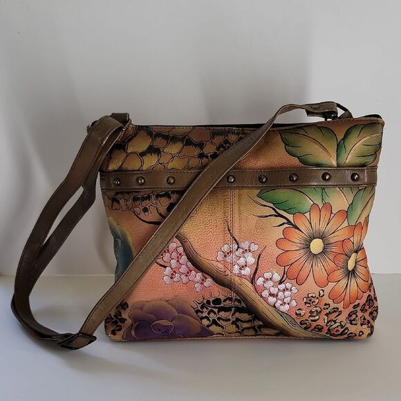 Anuschka Leather Hand Painted Artist Handbag & Coin Purse Floral Signed - Picture 1 of 9